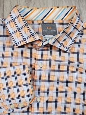 Thomas Dean Plaid Button Down Shirt Mens XXL Orange Blue Cotton Classic Fit 2xl